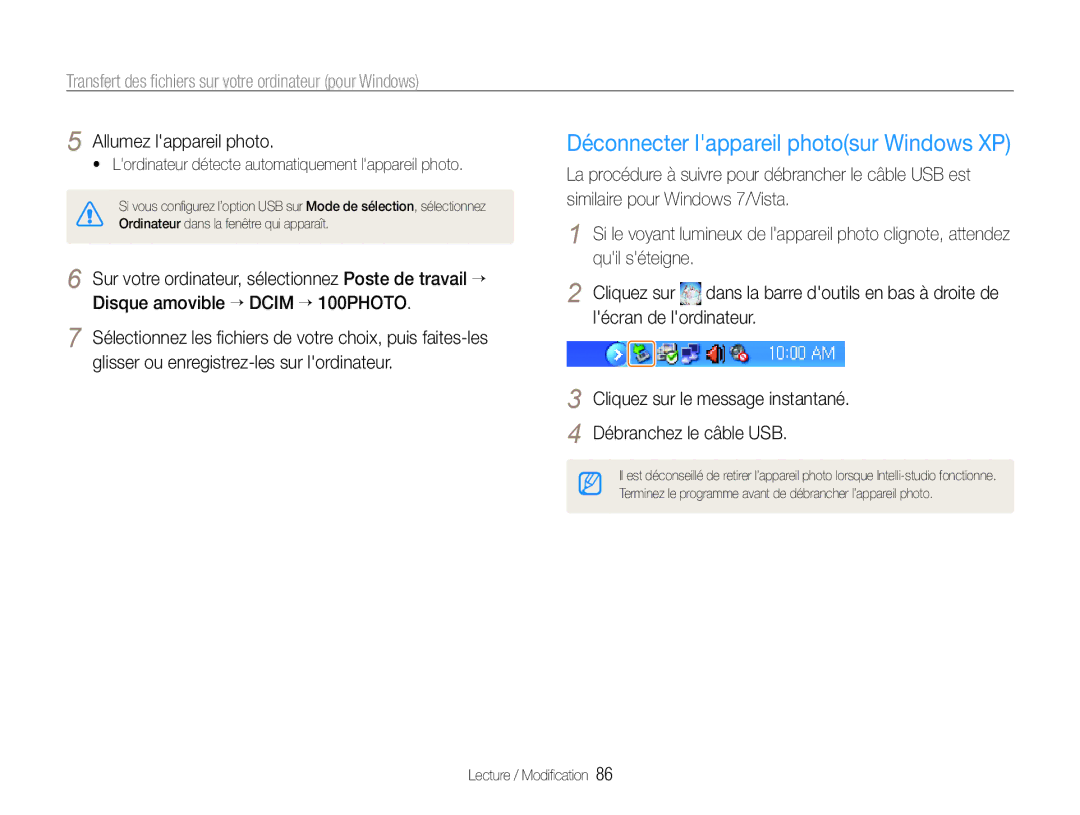 Samsung EC-WB660ZBDBE1, EC-WB650ZBPBE1 manual Déconnecter lappareil photosur Windows XP, Allumez lappareil photo 