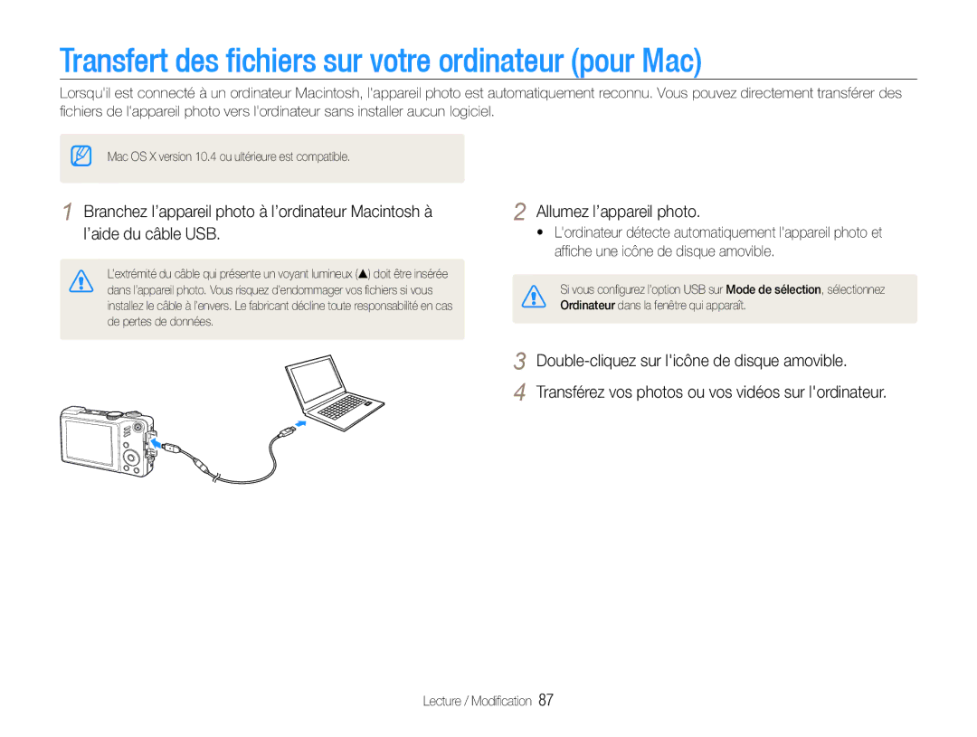 Samsung EC-WB650ZBPBE1, EC-WB660ZBDBE1 manual Transfert des fichiers sur votre ordinateur pour Mac, Allumez l’appareil photo 