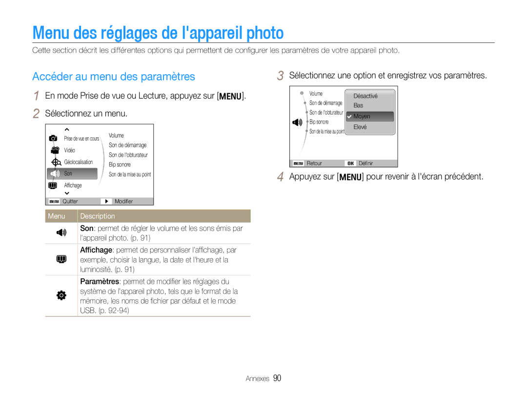 Samsung EC-WB660ZBDBE1 manual Menu des réglages de lappareil photo, Accéder au menu des paramètres, Menu Description 