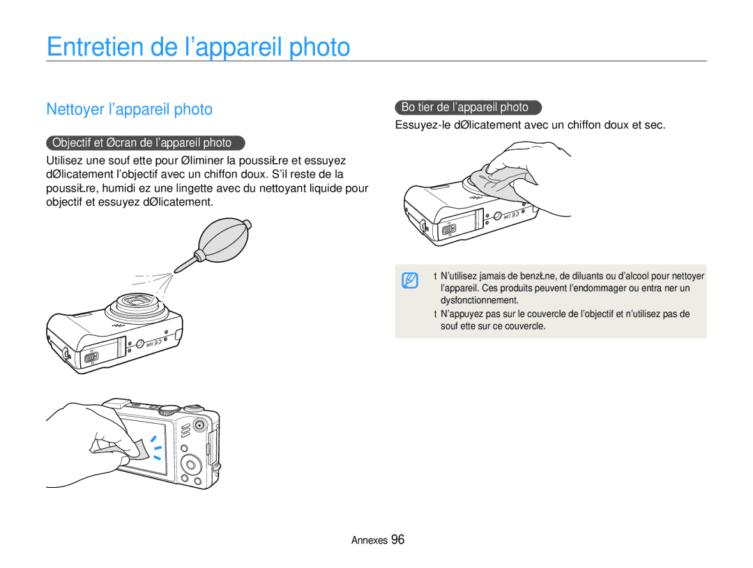 Samsung EC-WB660ZBDBE1 manual Entretien de lappareil photo, Nettoyer lappareil photo, Objectif et écran de lappareil photo 