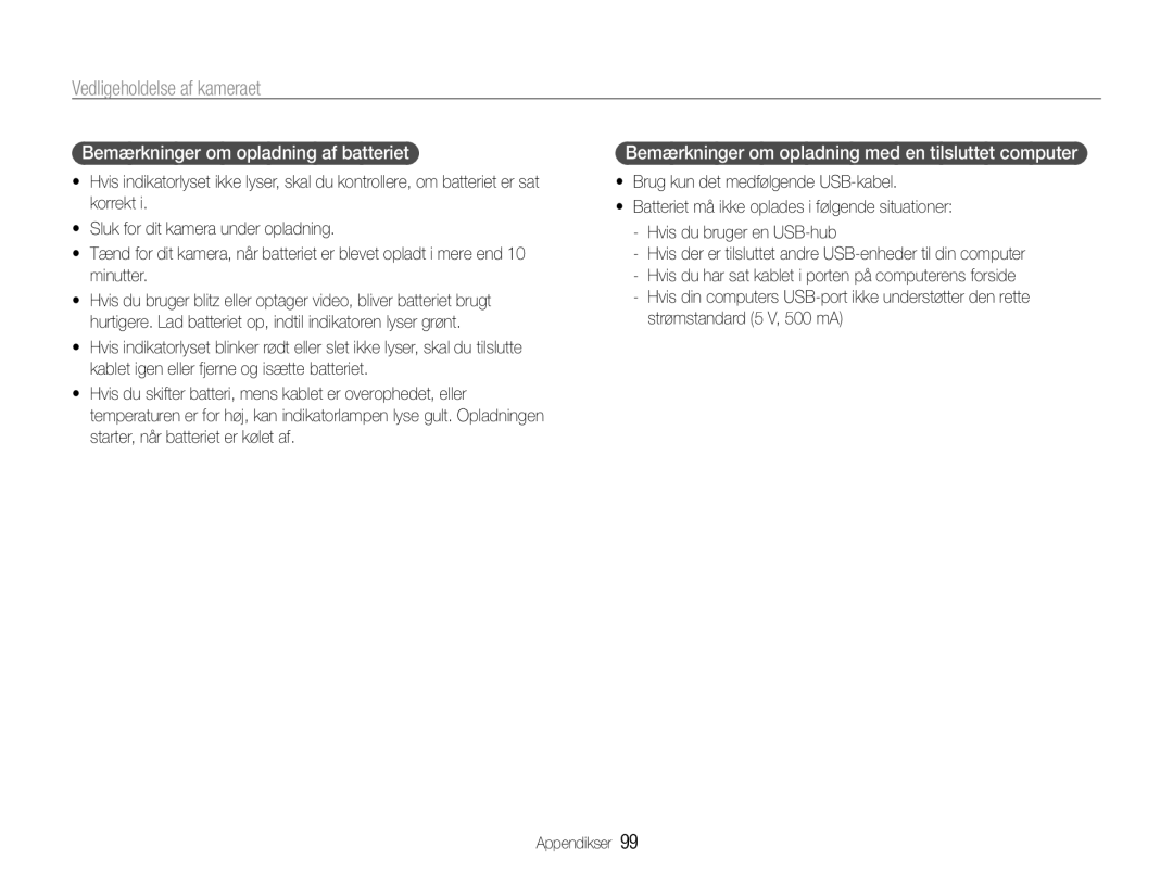 Samsung EC-WB660ZBDBE2 manual Bemærkninger om opladning af batteriet, Bemærkninger om opladning med en tilsluttet computer 