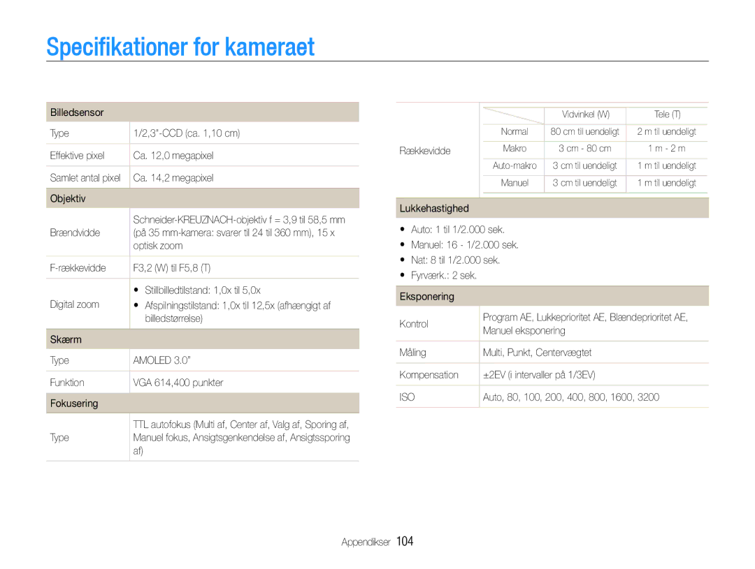 Samsung EC-WB650ZBPBE2, EC-WB660ZBDBE2 manual Specifikationer for kameraet 