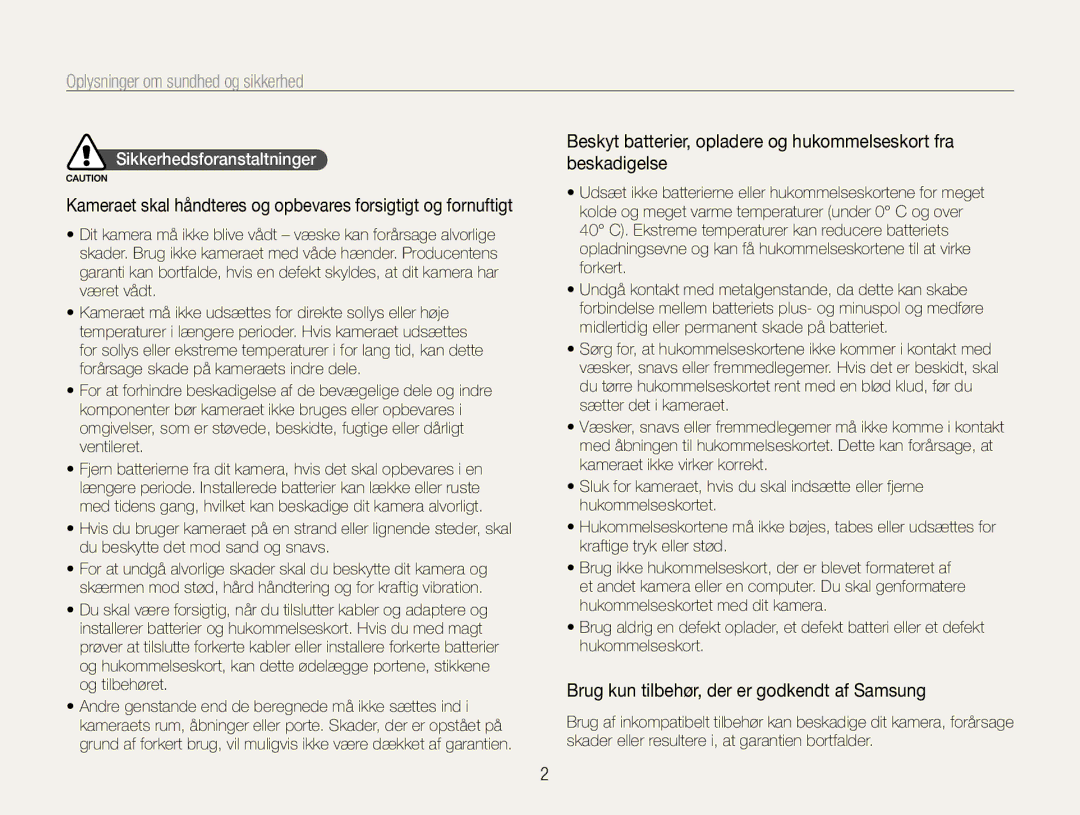 Samsung EC-WB650ZBPBE2, EC-WB660ZBDBE2 Oplysninger om sundhed og sikkerhed, Brug kun tilbehør, der er godkendt af Samsung 