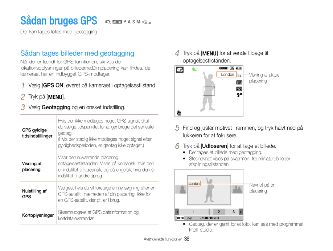 Samsung EC-WB650ZBPBE2, EC-WB660ZBDBE2 manual Sådan bruges GPS S a p a h n d, Sådan tages billeder med geotagging 