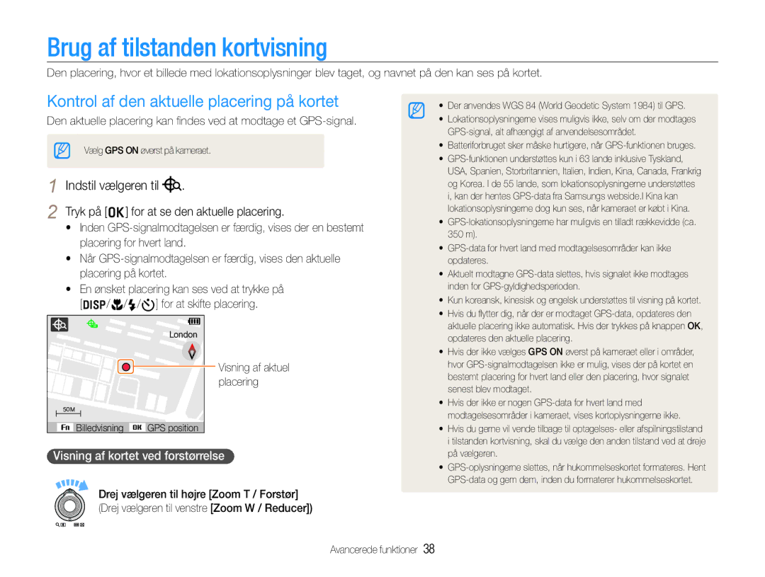 Samsung EC-WB650ZBPBE2 Brug af tilstanden kortvisning, Kontrol af den aktuelle placering på kortet, Indstil vælgeren til 