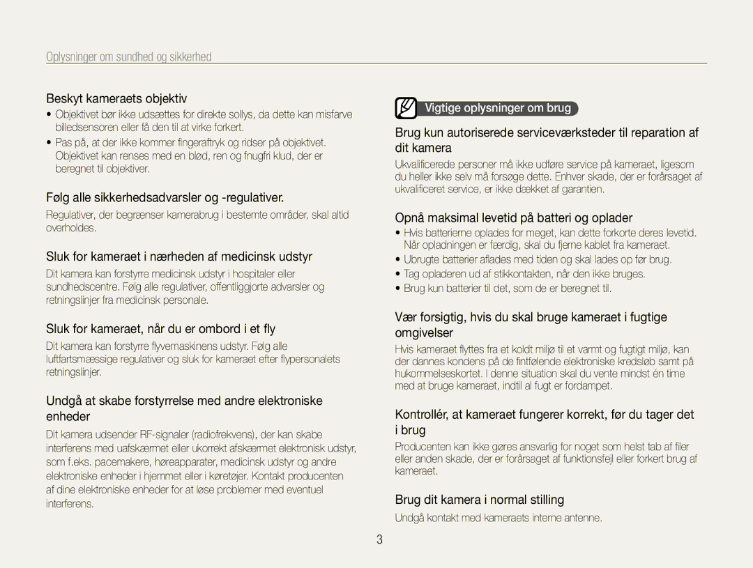 Samsung EC-WB660ZBDBE2, EC-WB650ZBPBE2 manual Beskyt kameraets objektiv, Følg alle sikkerhedsadvarsler og -regulativer 