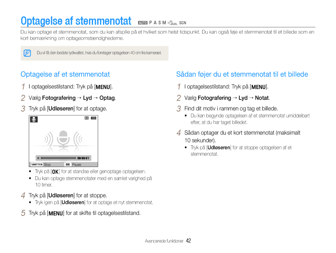 Samsung EC-WB650ZBPBE2, EC-WB660ZBDBE2 manual Optagelse af stemmenotat a p a h n d s, Optagelse af et stemmenotat 