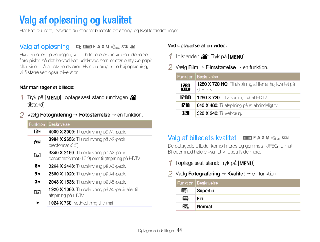 Samsung EC-WB650ZBPBE2 manual Valg af opløsning og kvalitet, Valg af opløsning S a p a h n d s, Tilstanden v Tryk på m 