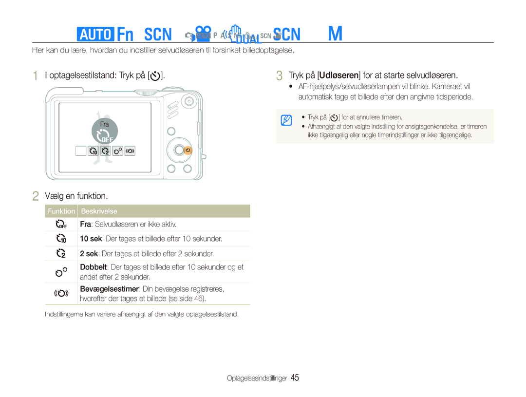 Samsung EC-WB660ZBDBE2 manual Brug af selvudløseren S a p a h n d s, Optagelsestilstand Tryk på t, Vælg en funktion 