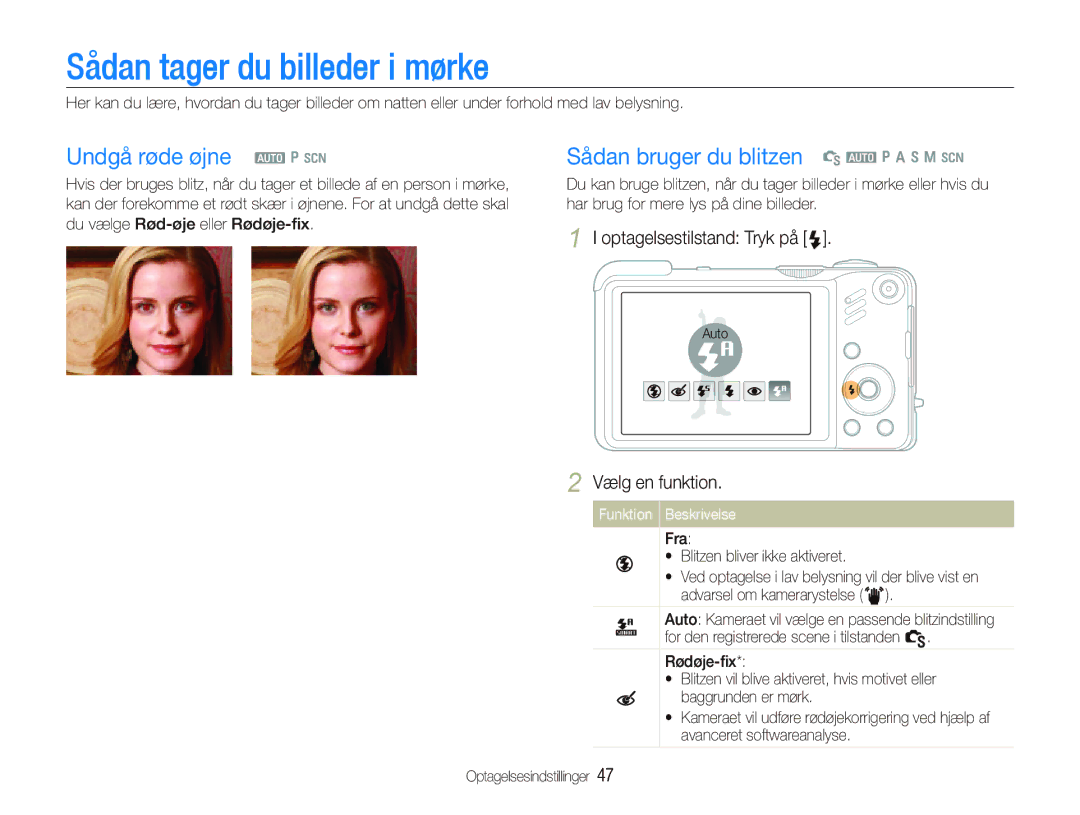 Samsung EC-WB660ZBDBE2 manual Sådan tager du billeder i mørke, Undgå røde øjne a p s, Sådan bruger du blitzen S a p a h n s 