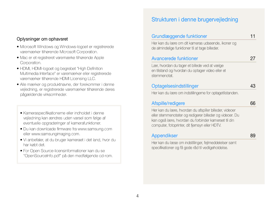 Samsung EC-WB650ZBPBE2, EC-WB660ZBDBE2 manual Strukturen i denne brugervejledning, Oplysninger om ophavsret 