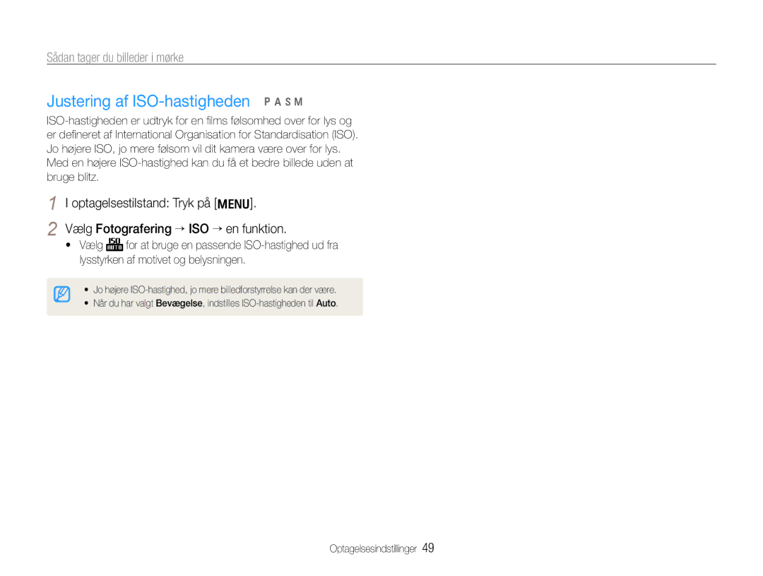 Samsung EC-WB660ZBDBE2, EC-WB650ZBPBE2 manual Justering af ISO-hastigheden pAhn 