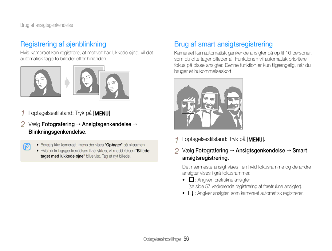 Samsung EC-WB650ZBPBE2 Registrering af øjenblinkning, Brug af smart ansigtsregistrering,  Angiver foretrukne ansigter 