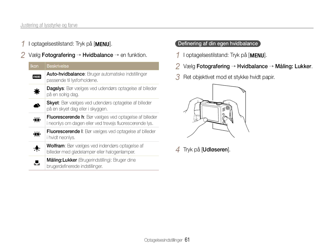 Samsung EC-WB660ZBDBE2, EC-WB650ZBPBE2 manual Deﬁnering af din egen hvidbalance, Ikon Beskrivelse 