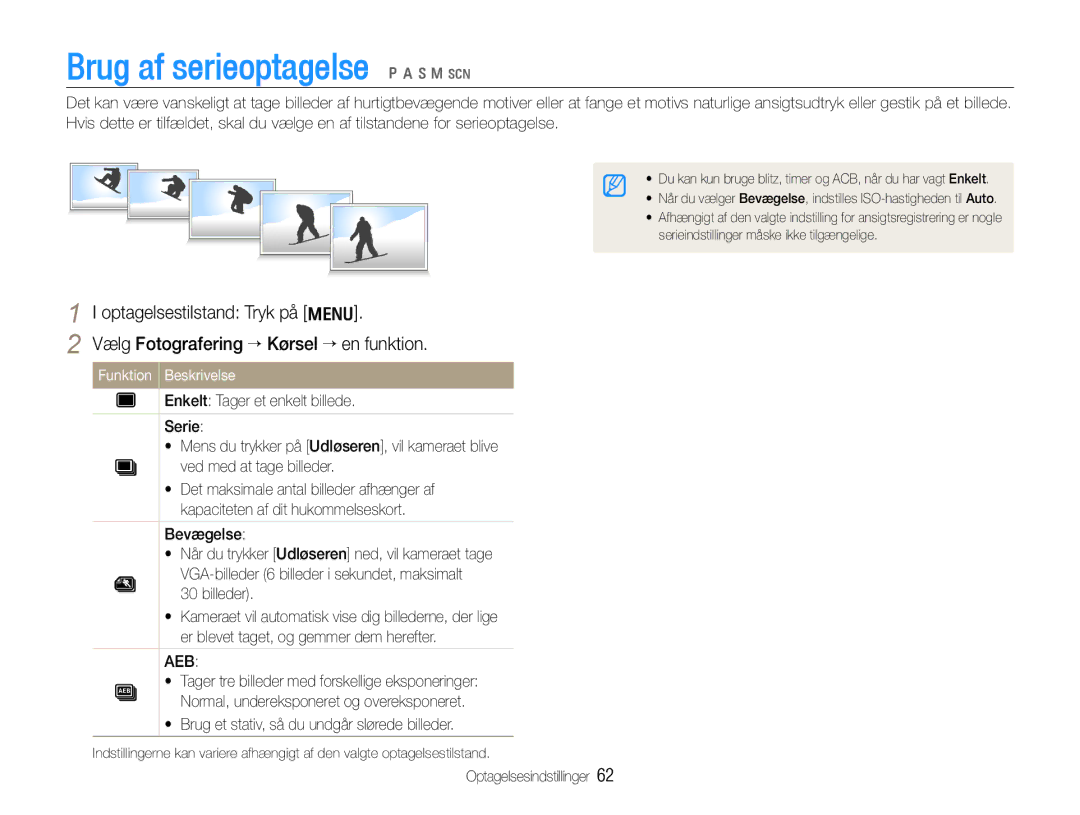 Samsung EC-WB650ZBPBE2, EC-WB660ZBDBE2 manual Brug af serieoptagelse p a h n s, Bevægelse, Billeder 
