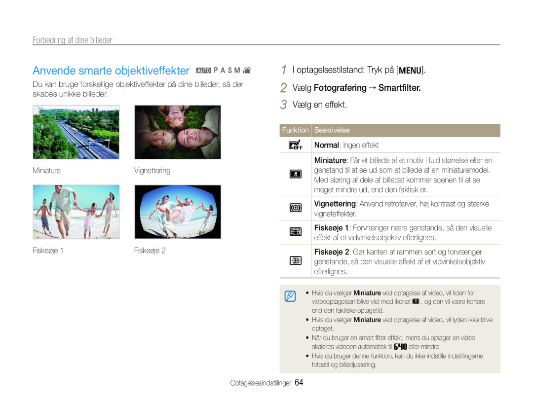 Samsung EC-WB650ZBPBE2 manual Anvende smarte objektiveffekter a p a h n, Forbedring af dine billeder, Normal Ingen effekt 