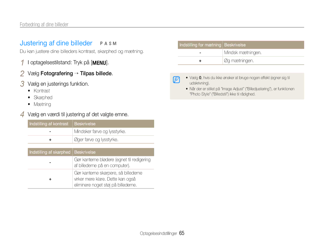 Samsung EC-WB660ZBDBE2, EC-WB650ZBPBE2 Justering af dine billeder p a h n, Vælg en værdi til justering af det valgte emne 