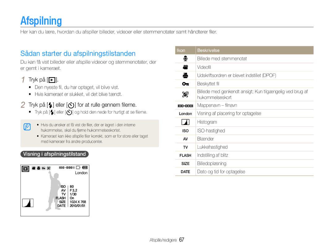 Samsung EC-WB660ZBDBE2 manual Afspilning, Sådan starter du afspilningstilstanden, Tryk på P, Visning i afspilningstilstand 