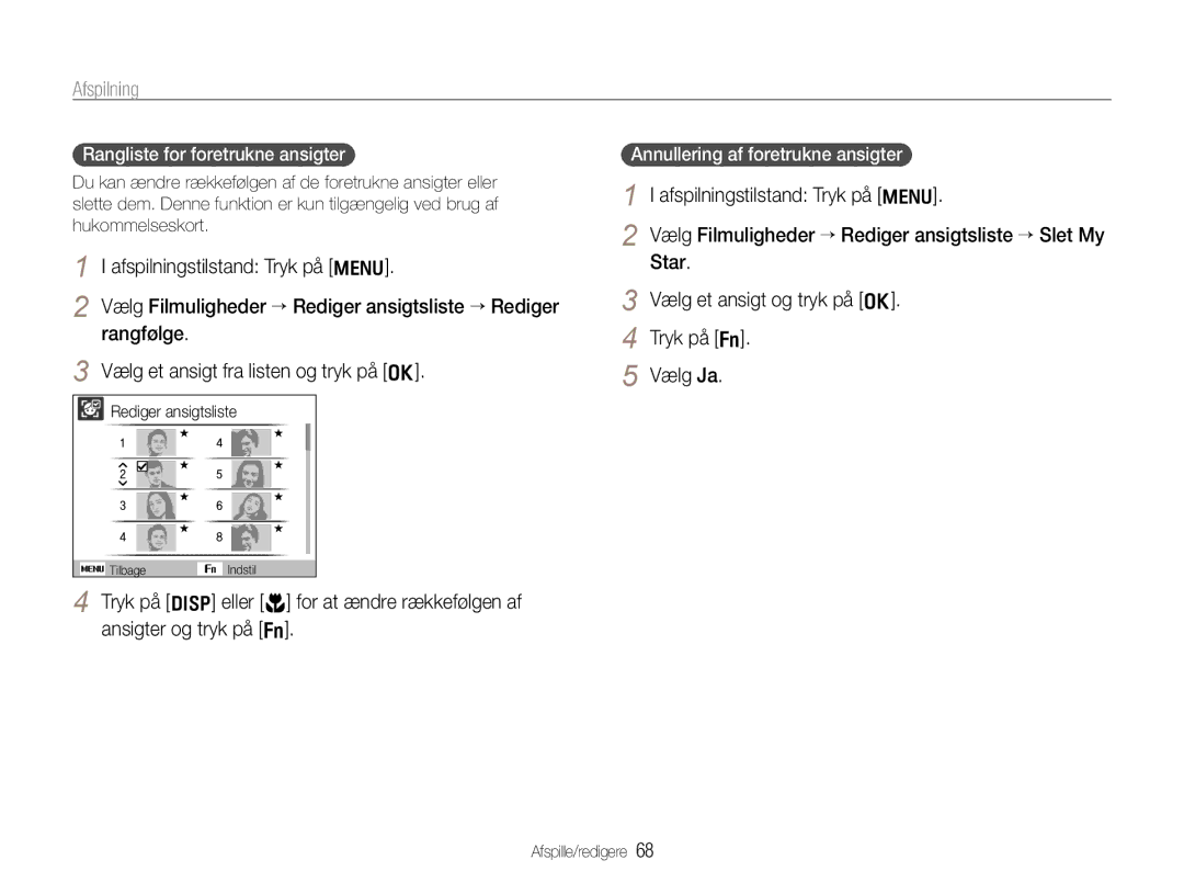 Samsung EC-WB650ZBPBE2, EC-WB660ZBDBE2 Afspilning, Rangliste for foretrukne ansigter, Annullering af foretrukne ansigter 