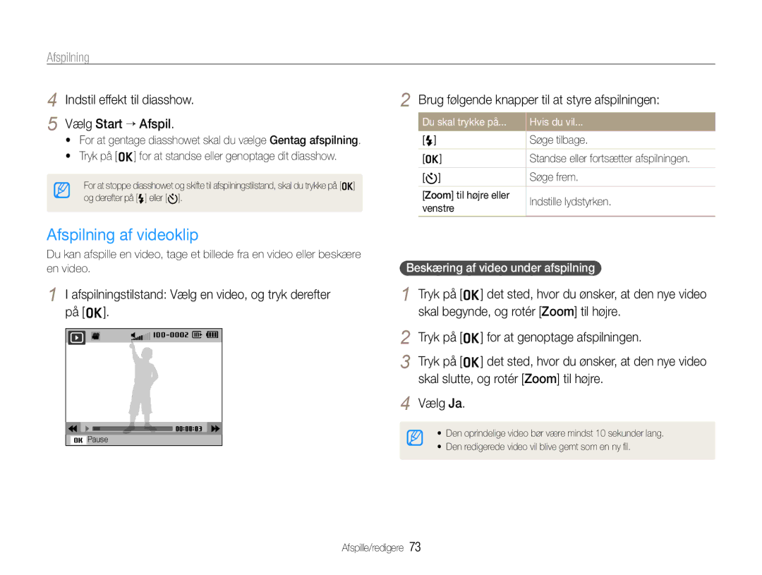 Samsung EC-WB660ZBDBE2 manual Afspilning af videoklip, Skal slutte, og rotér Zoom til højre, Du skal trykke på Hvis du vil 