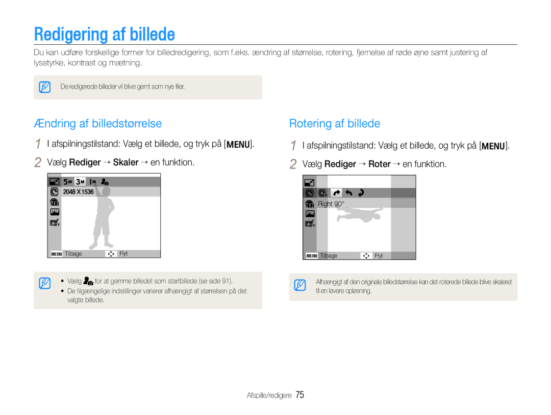 Samsung EC-WB660ZBDBE2, EC-WB650ZBPBE2 manual Redigering af billede, Ændring af billedstørrelse, Rotering af billede 