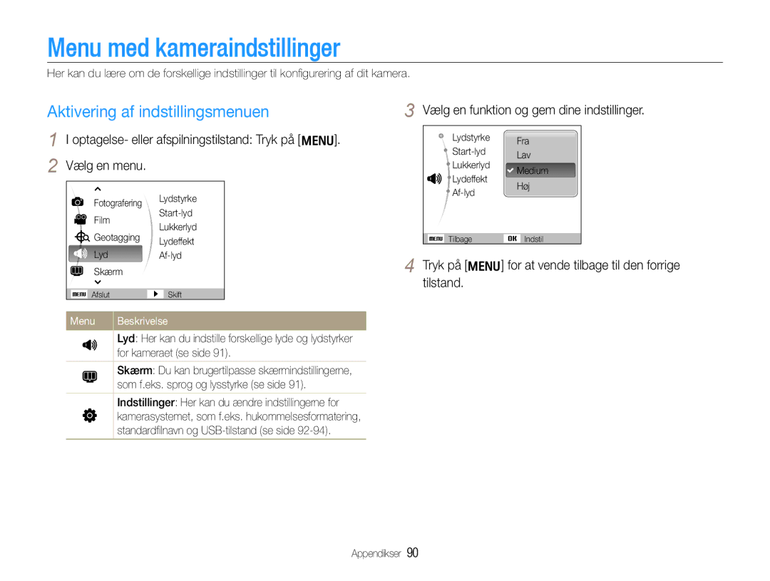 Samsung EC-WB650ZBPBE2 Menu med kameraindstillinger, Aktivering af indstillingsmenuen, Vælg en menu, Menu Beskrivelse 