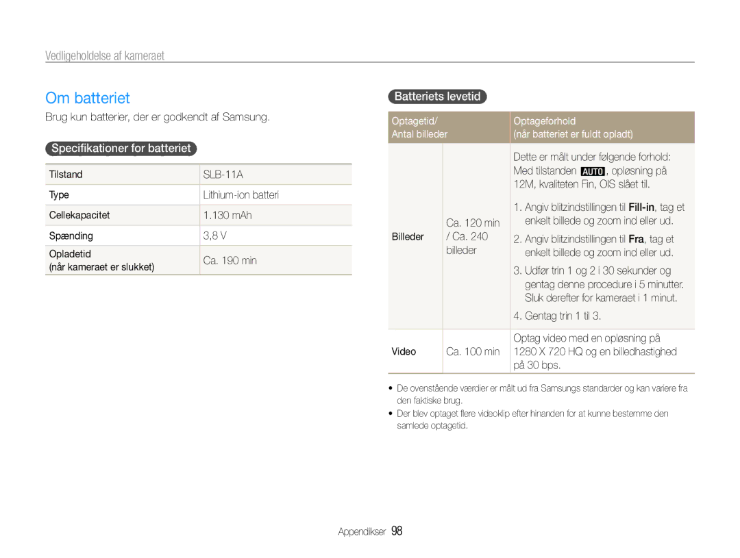 Samsung EC-WB650ZBPBE2, EC-WB660ZBDBE2 manual Om batteriet, Speciﬁkationer for batteriet, Batteriets levetid 