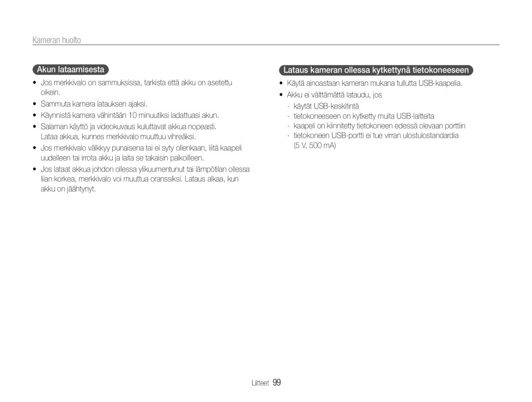 Samsung EC-WB660ZBDBE2, EC-WB650ZBPBE2 manual Akun lataamisesta, Lataus kameran ollessa kytkettynä tietokoneeseen 