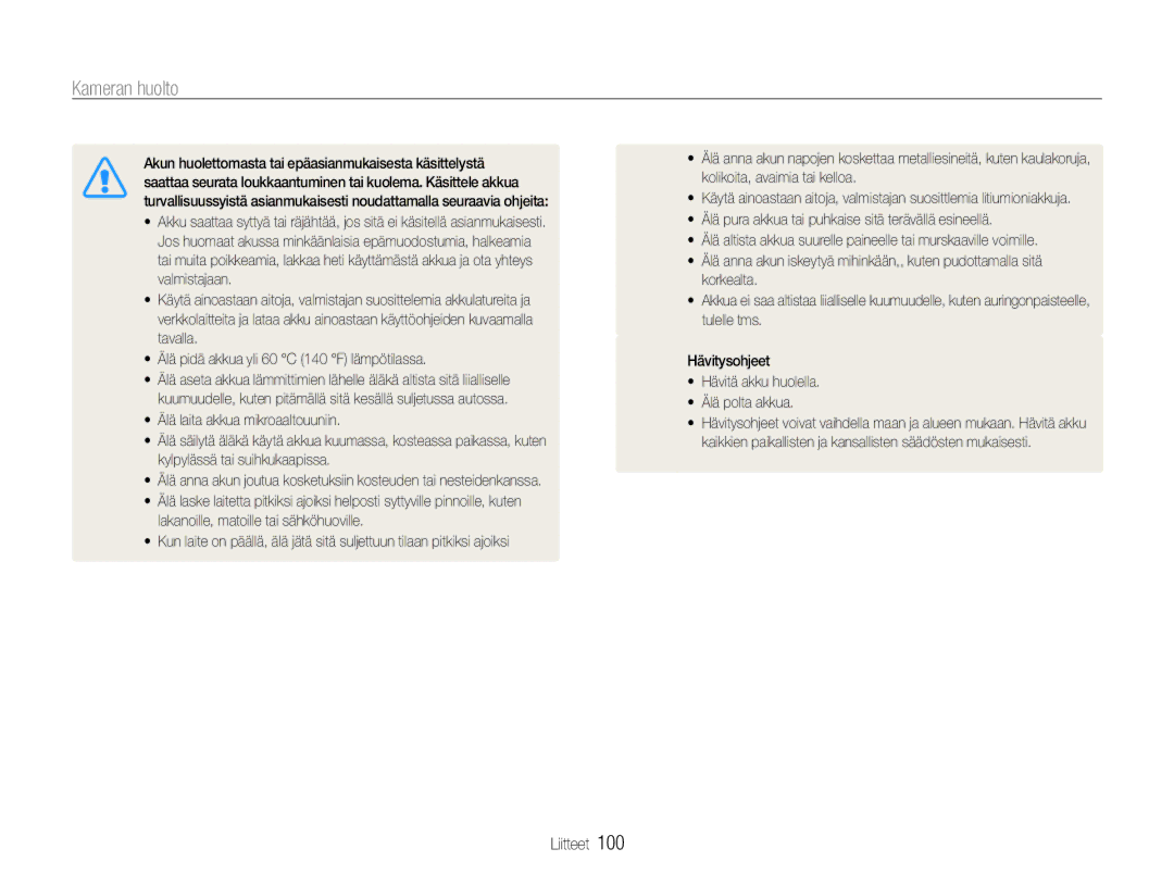 Samsung EC-WB650ZBPBE2, EC-WB660ZBDBE2 manual Kameran huolto 