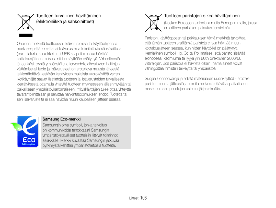 Samsung EC-WB650ZBPBE2, EC-WB660ZBDBE2 manual Tuotteen paristojen oikea hävittäminen, Samsung Eco-merkki 
