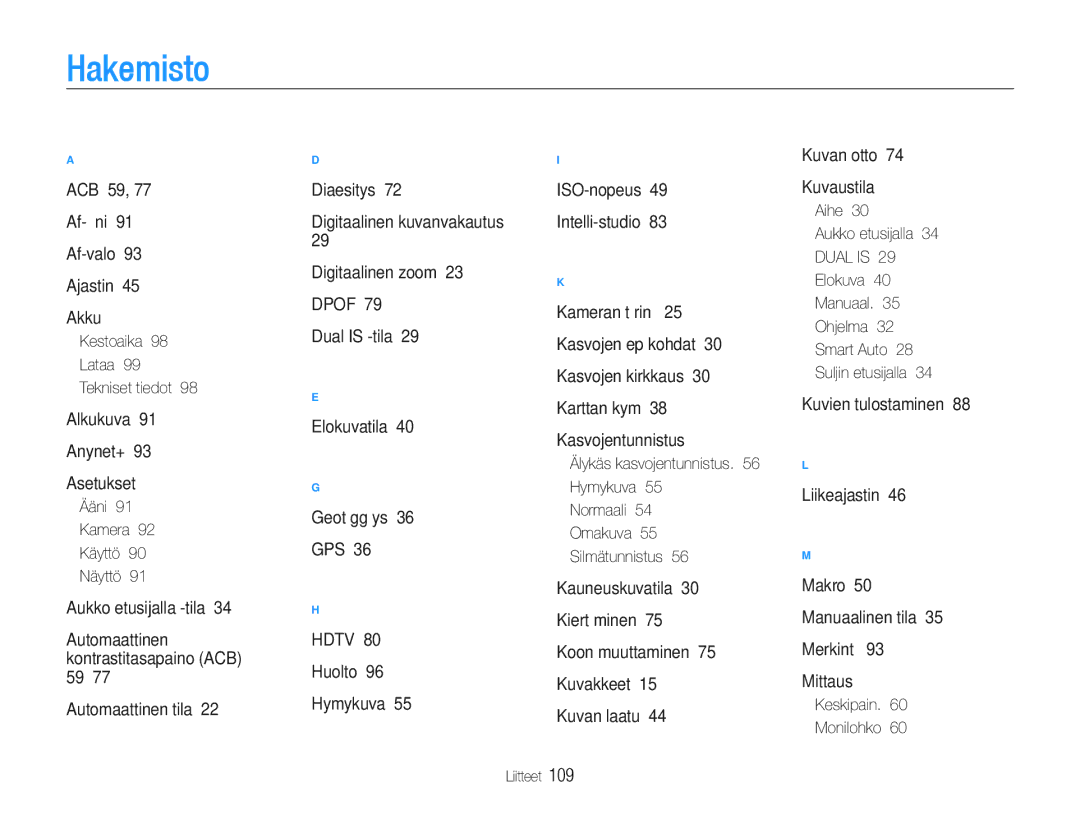 Samsung EC-WB660ZBDBE2, EC-WB650ZBPBE2 manual Hakemisto 