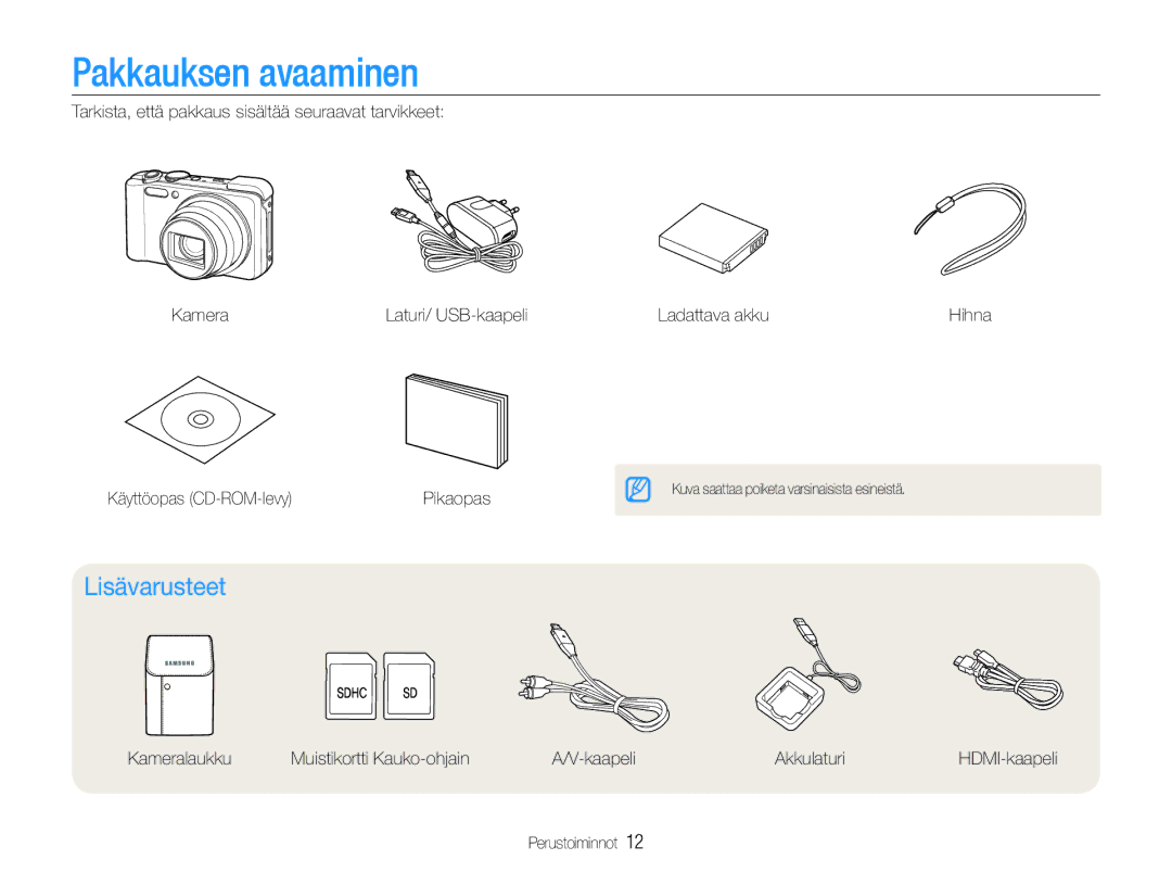 Samsung EC-WB650ZBPBE2, EC-WB660ZBDBE2 manual Pakkauksen avaaminen, Lisävarusteet 