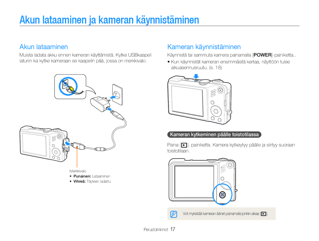 Samsung EC-WB660ZBDBE2 manual Akun lataaminen ja kameran käynnistäminen, Kameran käynnistäminen, Alkuasennusruutu. s 