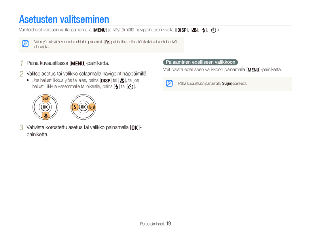 Samsung EC-WB660ZBDBE2, EC-WB650ZBPBE2 manual Asetusten valitseminen, Palaaminen edelliseen valikkoon 