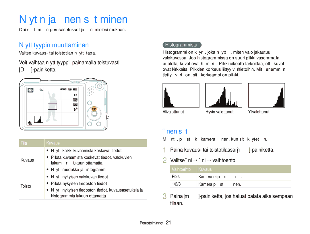 Samsung EC-WB660ZBDBE2, EC-WB650ZBPBE2 Näytön ja äänen säätäminen, Näyttötyypin muuttaminen, Äänen säätö, Histogrammista 