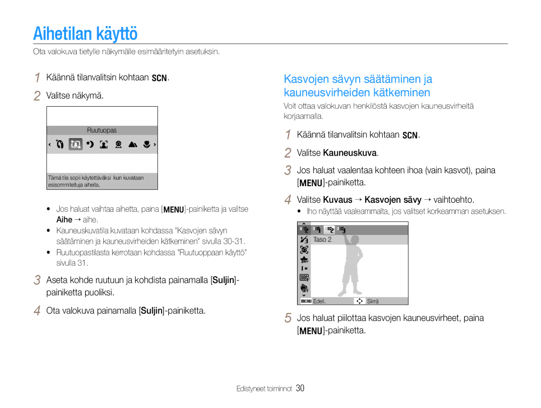 Samsung EC-WB650ZBPBE2, EC-WB660ZBDBE2 manual Aihetilan käyttö, Kasvojen sävyn säätäminen ja kauneusvirheiden kätkeminen 