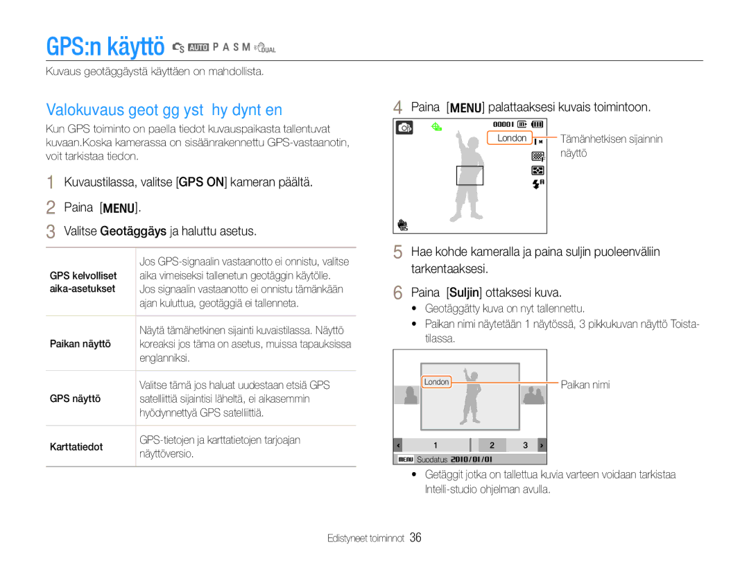 Samsung EC-WB650ZBPBE2, EC-WB660ZBDBE2 manual GPSn käyttö S a p a h n d, Valokuvaus geotäggäystä hyödyntäen 