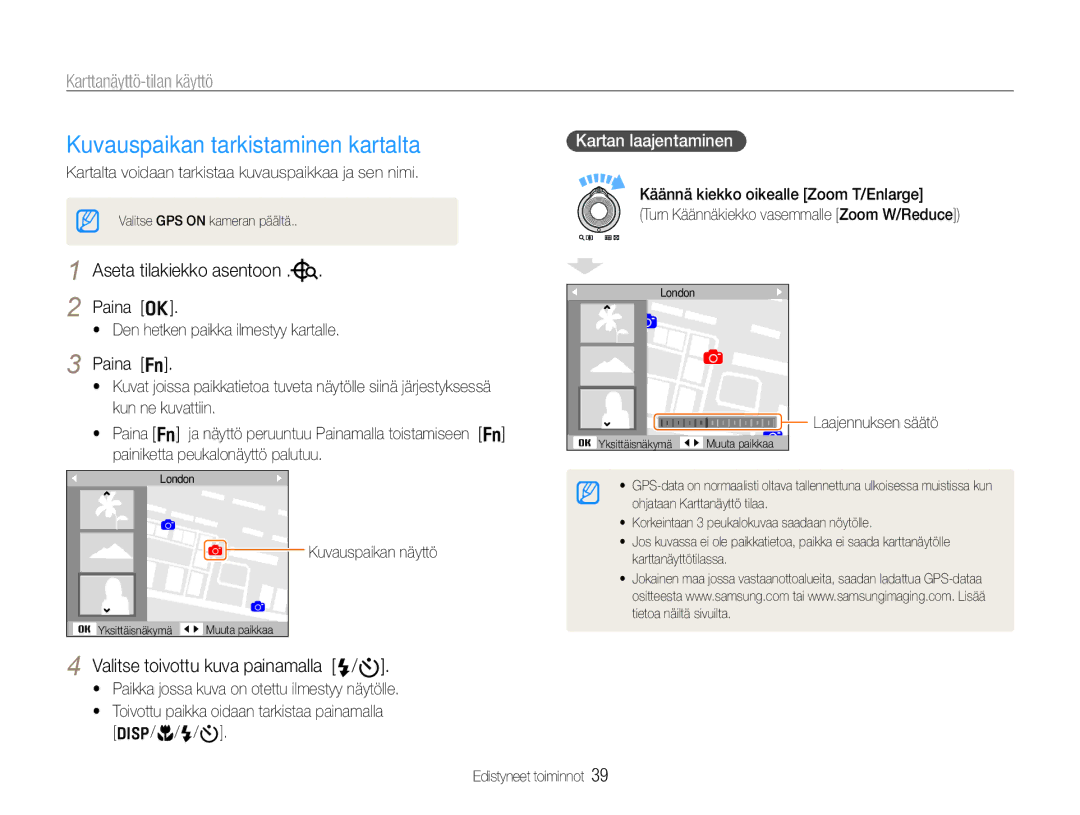 Samsung EC-WB660ZBDBE2, EC-WB650ZBPBE2 Kuvauspaikan tarkistaminen kartalta, Karttanäyttö-tilan käyttö, Kuvauspaikan näyttö 