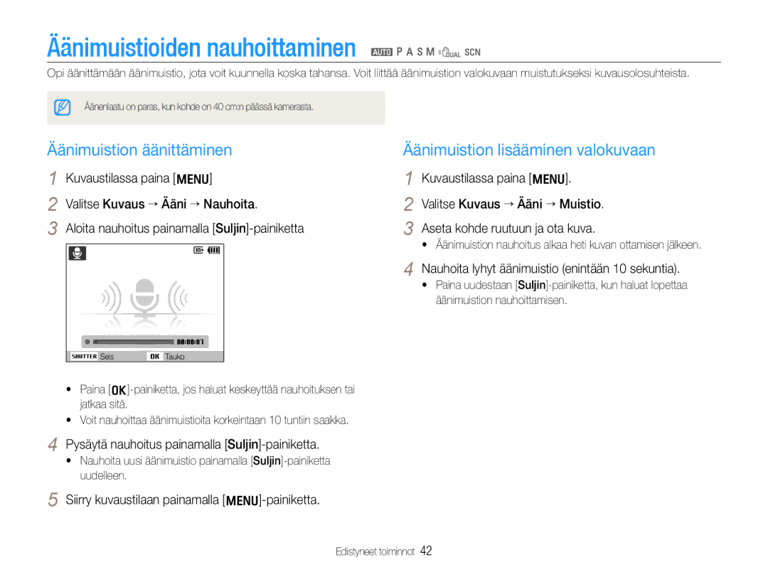 Samsung EC-WB650ZBPBE2, EC-WB660ZBDBE2 Äänimuistioiden nauhoittaminen a p a h n d s, Äänimuistion lisääminen valokuvaan 