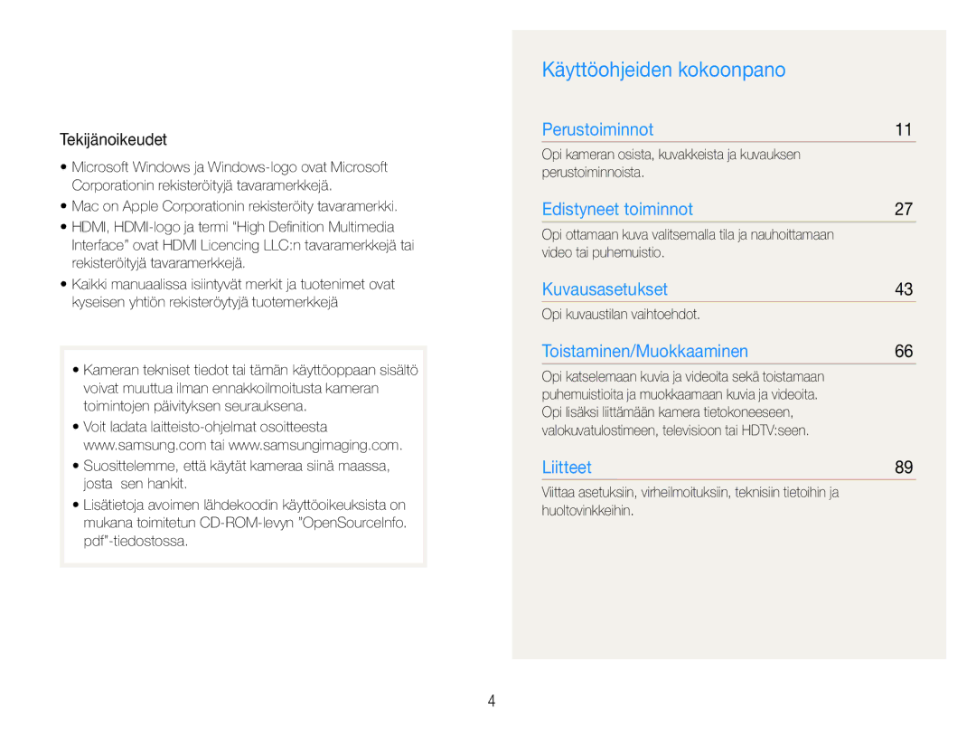 Samsung EC-WB650ZBPBE2 Käyttöohjeiden kokoonpano, Tekijänoikeudet, Video tai puhemuistio, Opi kuvaustilan vaihtoehdot 