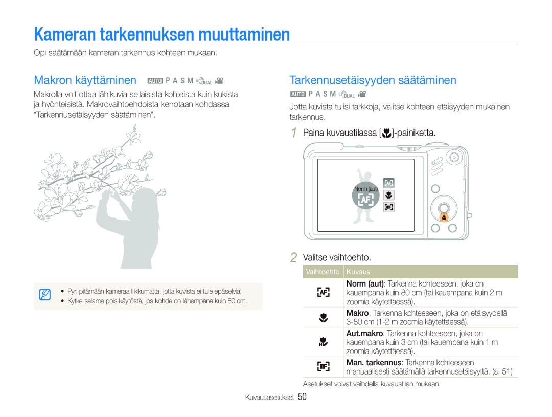 Samsung EC-WB650ZBPBE2 Kameran tarkennuksen muuttaminen, Makron käyttäminen a p a h n d, Tarkennusetäisyyden säätäminen 