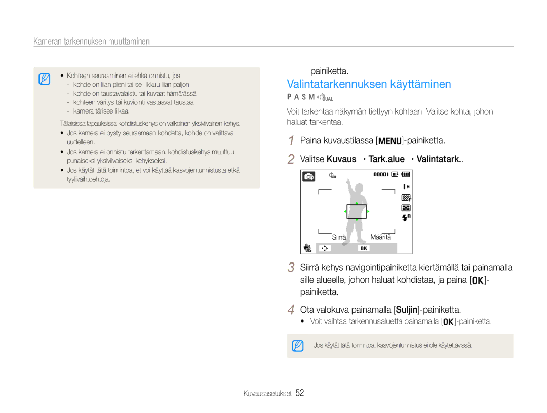 Samsung EC-WB650ZBPBE2, EC-WB660ZBDBE2 manual Valintatarkennuksen käyttäminen, Painiketta 