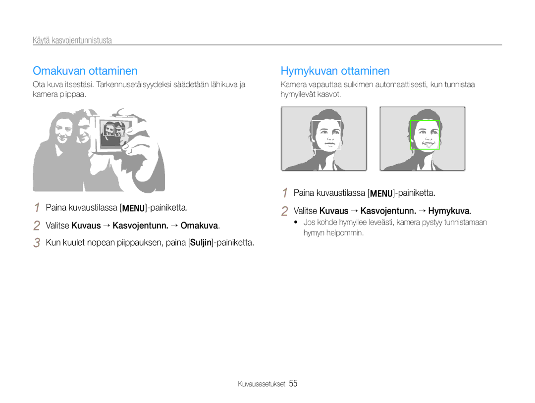 Samsung EC-WB660ZBDBE2, EC-WB650ZBPBE2 manual Omakuvan ottaminen, Hymykuvan ottaminen, Käytä kasvojentunnistusta 