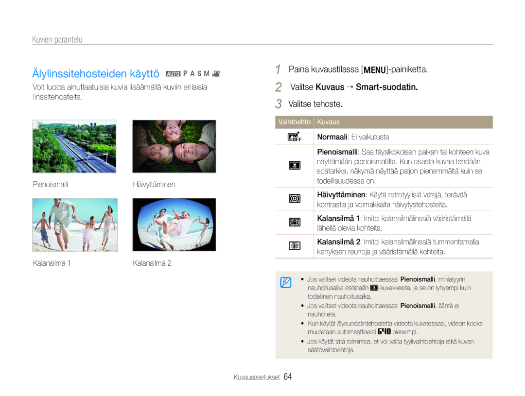 Samsung EC-WB650ZBPBE2 Älylinssitehosteiden käyttö a p a h n, Kuvien parantelu, Valitse tehoste, Normaali Ei vaikutusta 