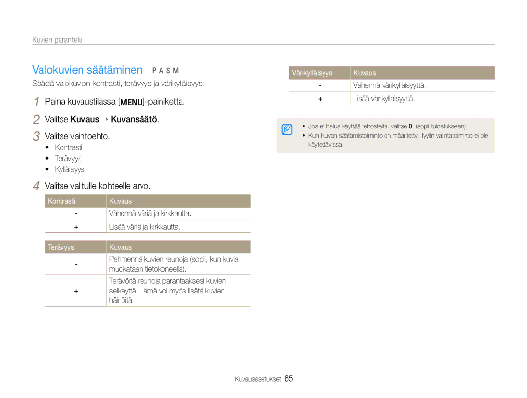 Samsung EC-WB660ZBDBE2 manual Valokuvien säätäminen p a h n, Valitse valitulle kohteelle arvo, Värikylläisyys, Kontrasti 