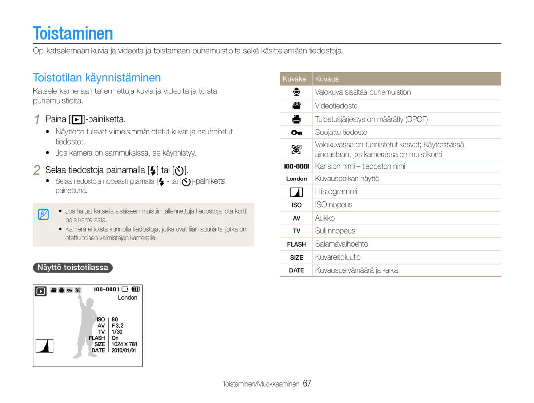 Samsung EC-WB660ZBDBE2 Toistaminen, Toistotilan käynnistäminen, Paina P-painiketta, Selaa tiedostoja painamalla F tai t 