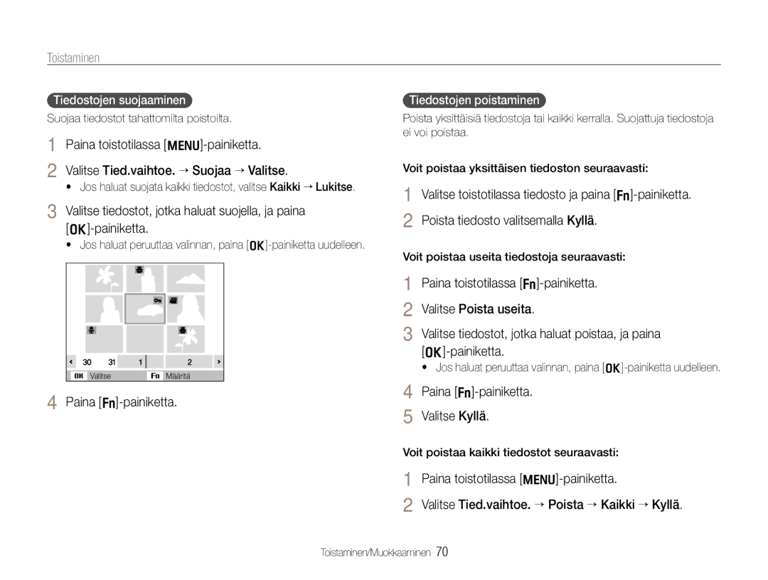 Samsung EC-WB650ZBPBE2 manual Paina f-painiketta Valitse Kyllä, Tiedostojen suojaaminen, Tiedostojen poistaminen 