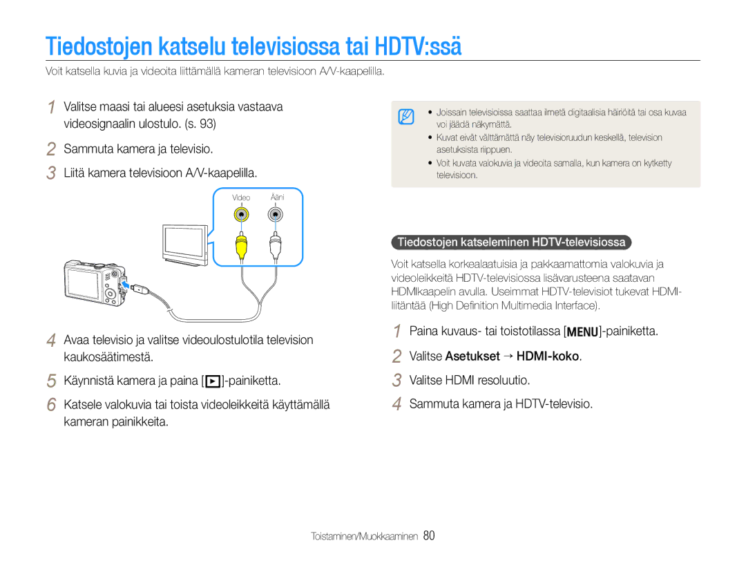 Samsung EC-WB650ZBPBE2 manual Tiedostojen katselu televisiossa tai HDTVssä, Tiedostojen katseleminen HDTV-televisiossa 