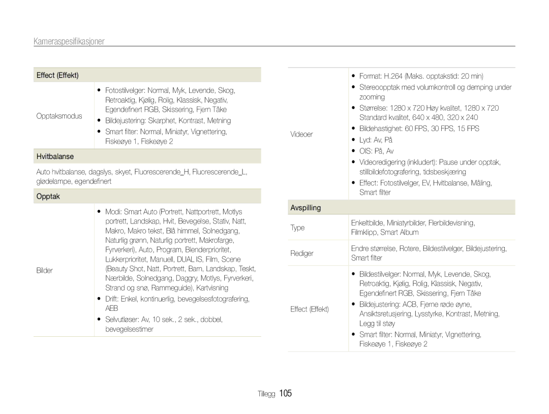 Samsung EC-WB660ZBDBE2, EC-WB650ZBPBE2 manual Kameraspesiﬁkasjoner 