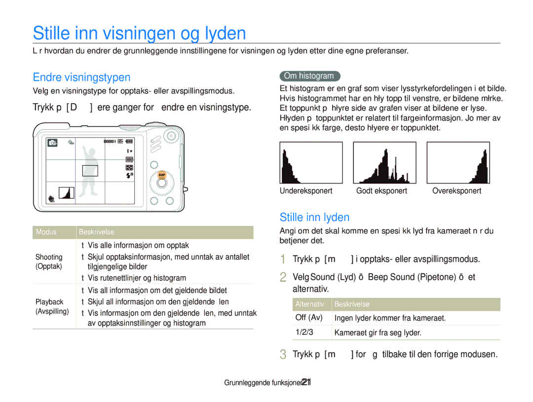 Samsung EC-WB660ZBDBE2, EC-WB650ZBPBE2 manual Stille inn visningen og lyden, Endre visningstypen, Stille inn lyden 